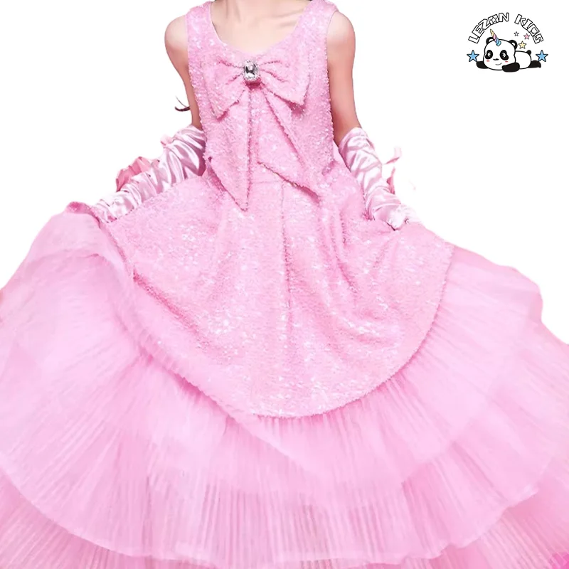 LEZONKIDS - Customized Retro Children Baby pink Girls Dress Light Luxury Style Bow Princess Dress with Jacket